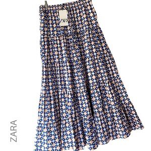 NEW ZARA GEOMETRIC COTTON PRINT TIERED MAXI SKIRT RUFFLE PINK BLUE WHITE MEDIUM